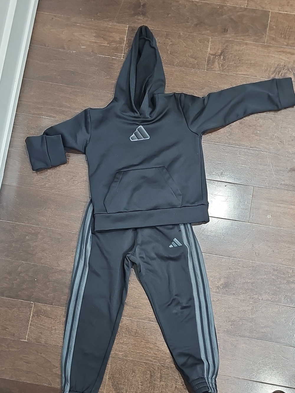 adidas Black Kids Hoodie & Joggers Set with Gray Stripes